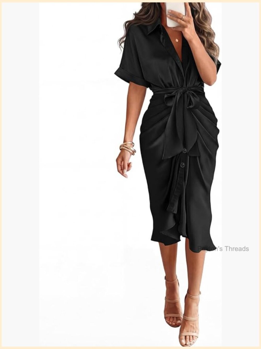 Short Sleeve Silk Satin Button Down Ruched Maxi Dress Cocktail Wedding Guest